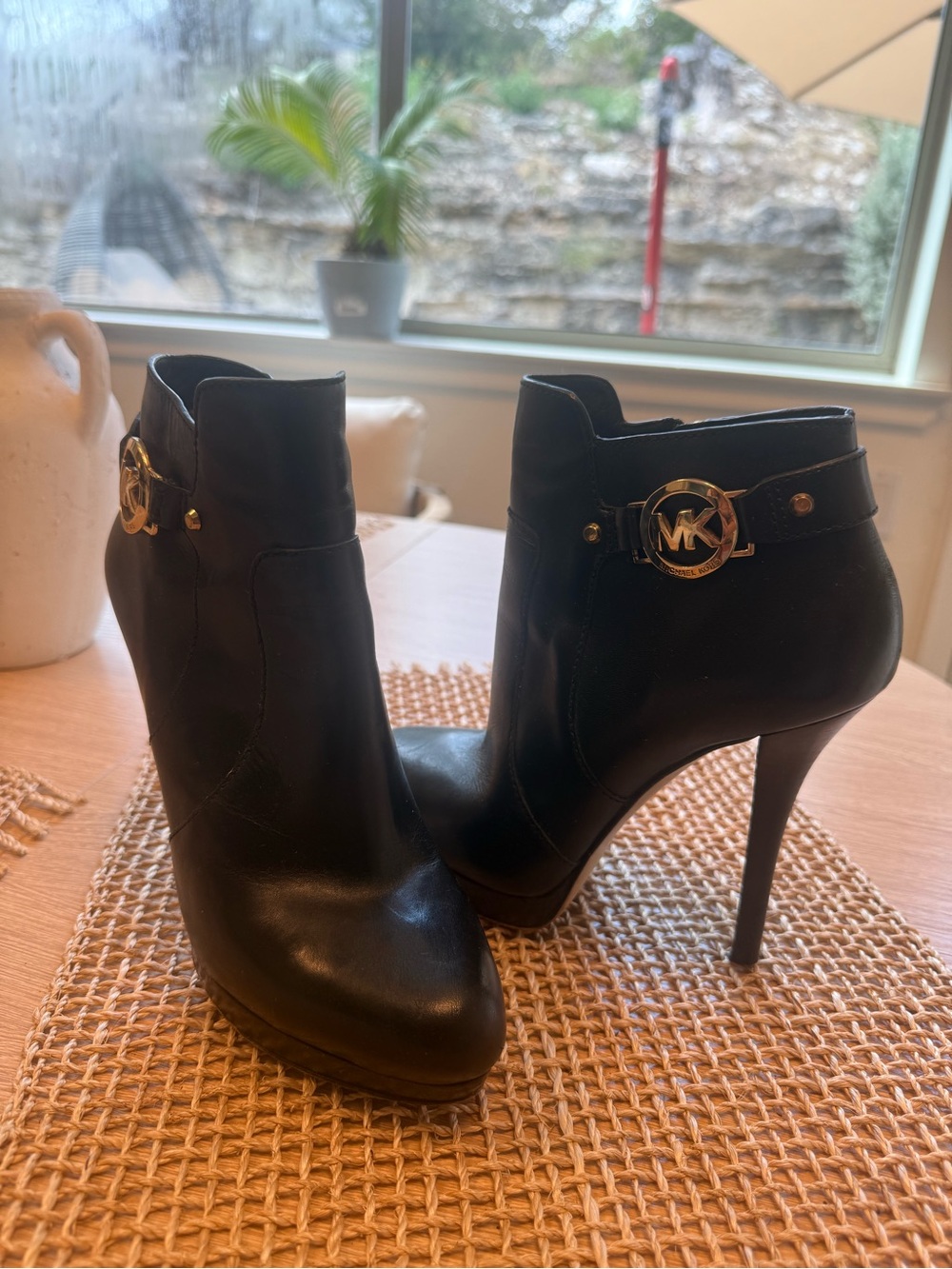 Michael Kors Black Leather Ankle Booties with Gold MK Emblem